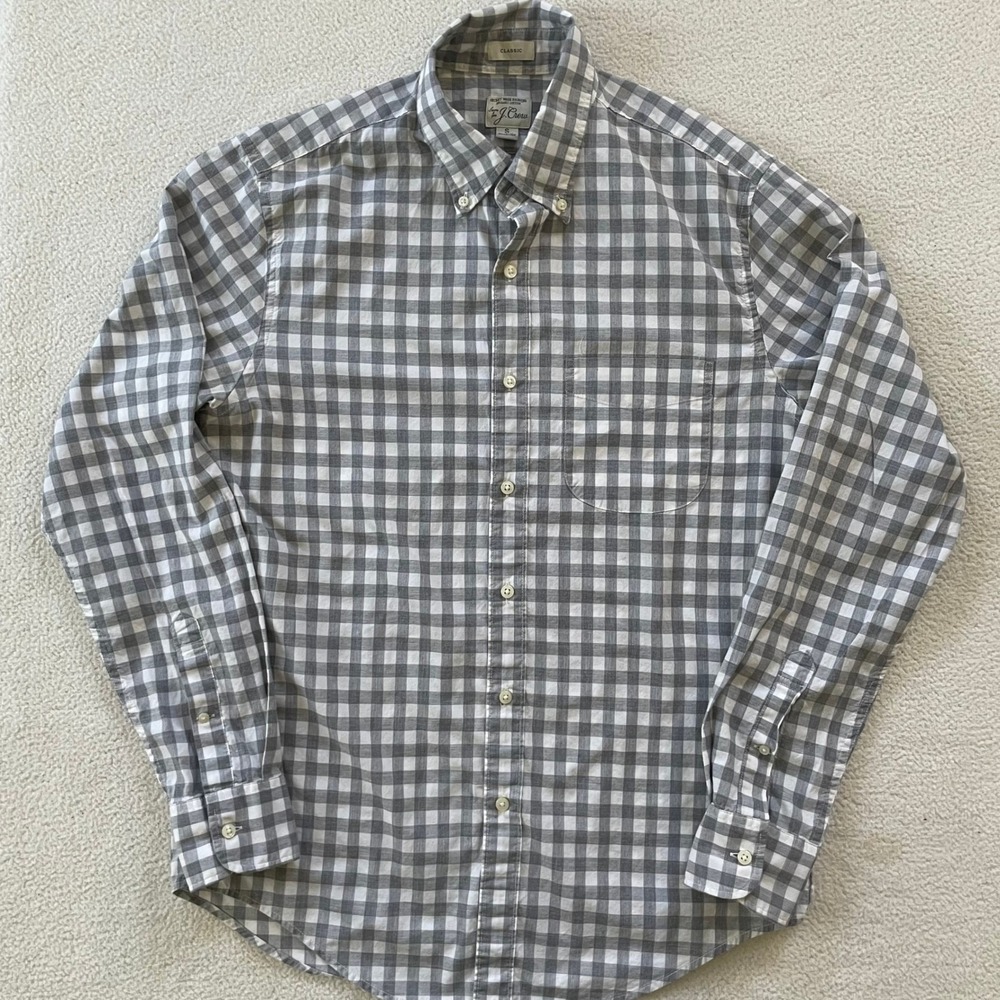 J.Crew Men Small Button Down Shirt Grey Gingham Secret Wash Organic Cotton BF792